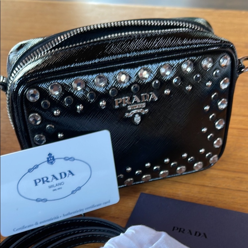 Prada small clutch studded w Swarski crystal w optional strap.
